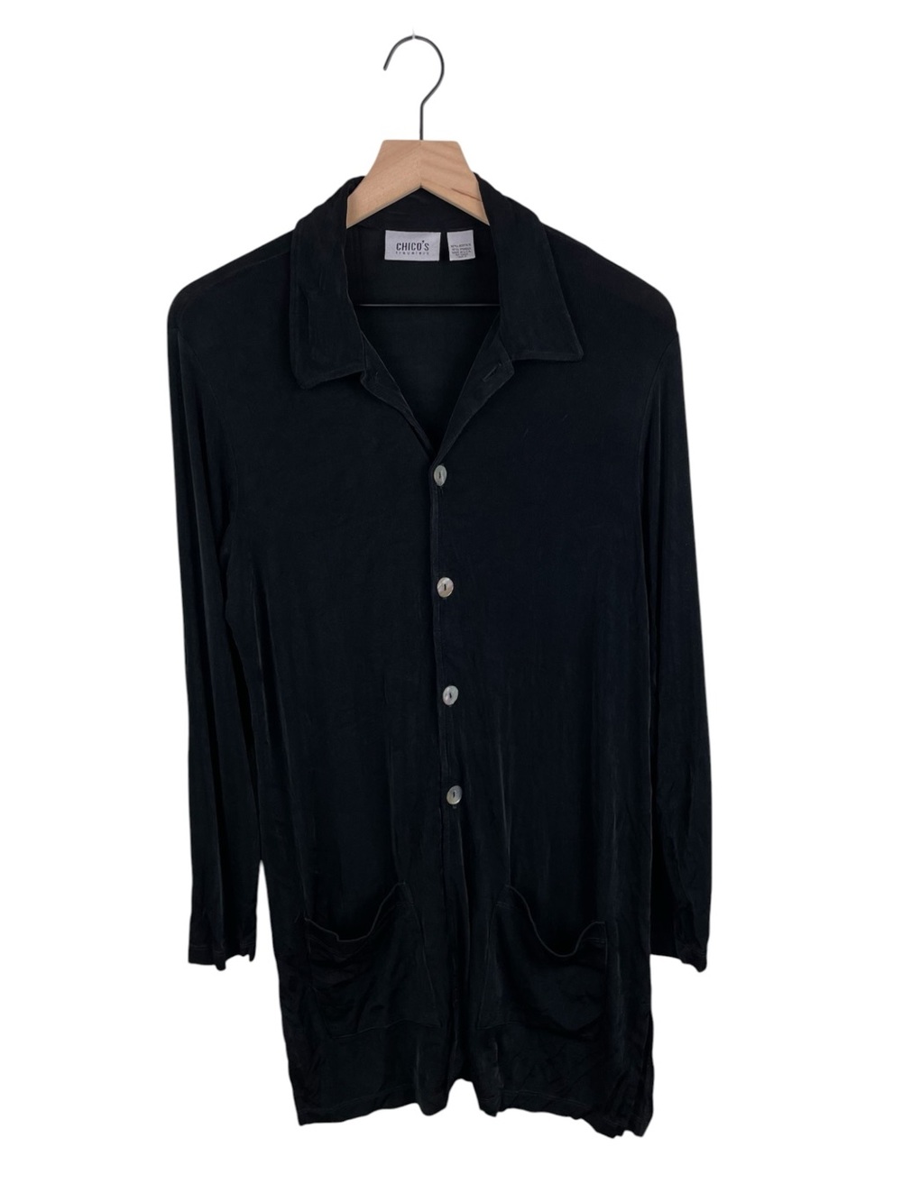 Chico's Travelers Black Long Cardigan Size 2 Large Button Front Collared Top